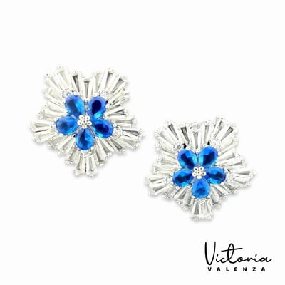 Victoria Valenza Fiore Luxe Oorbellen Dames Messing Oorknopjes Dames Oorringen - Blauwe Steen - Kleur Zilver - 1 Paar