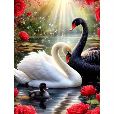 diamond painting zwart en witte zwaan met eendje 30 x 40 cm