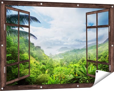 Gards Tuinposter Doorkijk Jungle Uitzicht op de Seychellen - 120x80 cm - Tuindoek - Tuindecoratie - Wanddecoratie buiten - Tuinschilderij