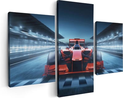 Artaza Canvas Schilderij Drieluik Formule 1 Auto bij de Finish - Rood - 90x60 - Foto Op Canvas - Canvas Print