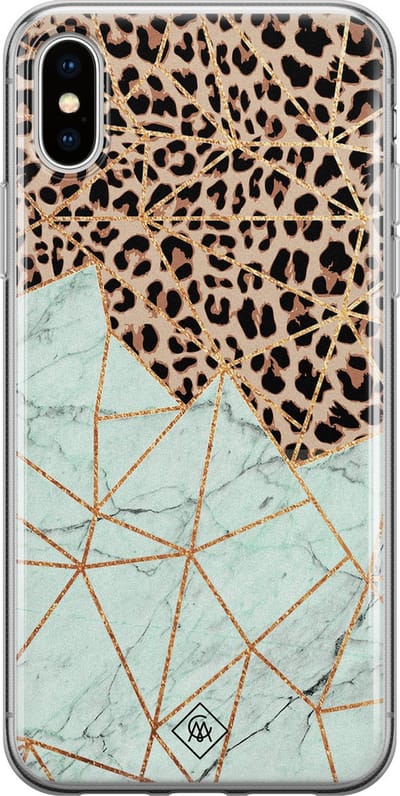 Casimoda® hoesje - Geschikt voor iPhone Xs Max - Luipaard Marmer Mint - Siliconen/TPU telefoonhoesje - Backcover - Luipaardprint - Bruin