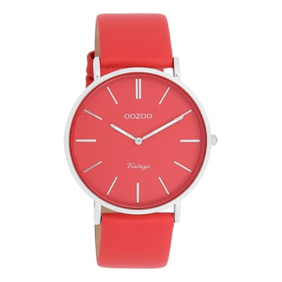OOZOO Vintage series - Zilverkleurige OOZOO horloge met chili peper rode leren band - C20324