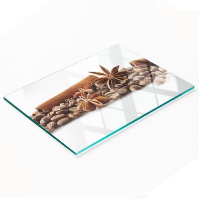 Glazen snij- en serveerplank met koffiebonen en kaneelmotief, 80x52 cm