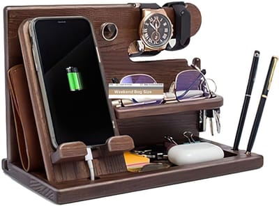 Houten Bureau Organizer Met Telefoonhouder En Oplaadstandaard Multifunctionele Telefoonstandaard Voor Horloge Bril Sleutels Tafelblad Opberger Voor Kantoor Slaapkamer Hal