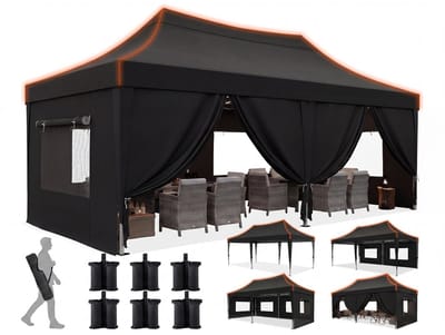 Quictent Vouwbare Partytent 3x6m – Waterdicht Partytent met 8 Zijwanden, Verstelbare Hoogte – Zwart
