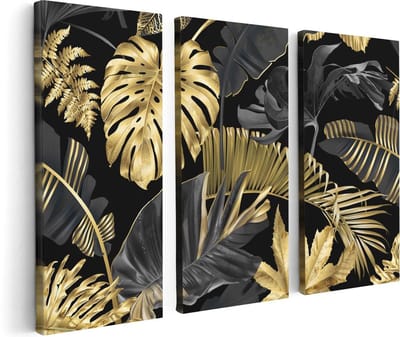 Artaza Canvas Schilderij Drieluik Gouden Tropische Bladeren - 120x80 cm - Wanddecoratie Woonkamer - Schilderijen - Muurdecoratie
