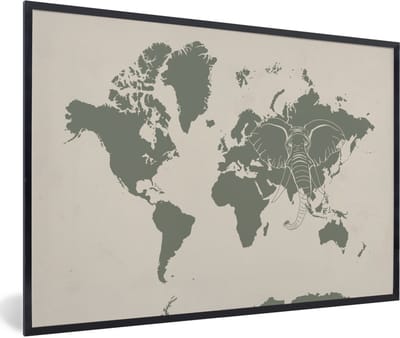 Poster in lijst - Fotolijst 90x60 cm - Posters - Wereldkaart - Dieren - Olifant - Posterlijst zwart - Decoratie - Wanddecoratie woonkamer - Muurdecoratie slaapkamer