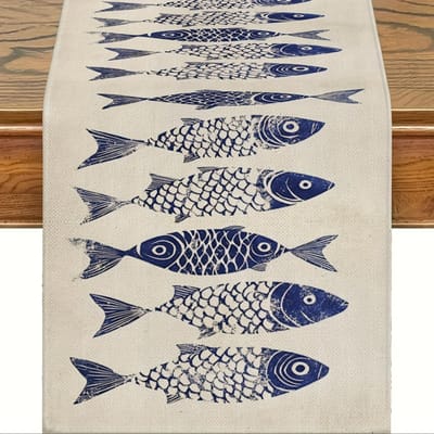 Zomer Blauw Vispatroon Linnen Tafel Runner Feestdecoratie Herbruikbaar Boerderij Keuken Eettafel Runner Bruiloftsdecoraties 150x33cm gray