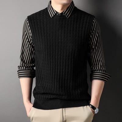 Zakelijke Revers Mode Gestreept Gebreid Trui Heren Nieuwe Fake Tweedelige Gebreide Truien Jong en Middelbaar Shirtkraag Top 3XL black