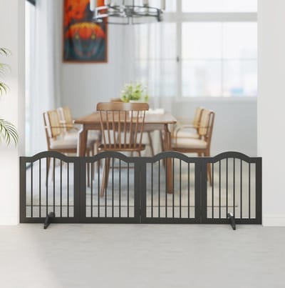 Hondenhek Vrijstaand – 208 x 61 cm – Opvouwbaar Met 4 Panelen En Steunvoeten – Hout En MDF – Zwart – Voor Deuropeningen En Trappen