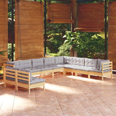 vidaXL - 10-delige - Loungeset - met - grijze - kussens - massief - grenenhout