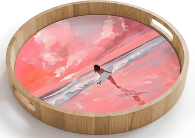 Dienblad rond 40x40 cm - Schootdienblad hout - Roze - Surfen - Zee - Borrelplank rechthoek - Plateau houten dienbladen