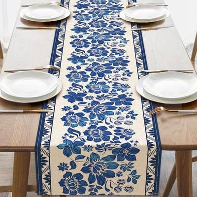 Vintage Blauwe Bloemplanten Linnen Tafel Runner Feestdecoratie Herbruikbare Boerderij Keuken Eettafel Runner Bruiloft Decoraties 150x33cm gray
