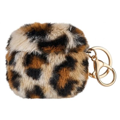 Lichtbruin hoesje voor oordopjes dames met luipaard print en pluche afwerking geschikt voor AirPods Pro 2 met zachte textuur en goudkleurige clip