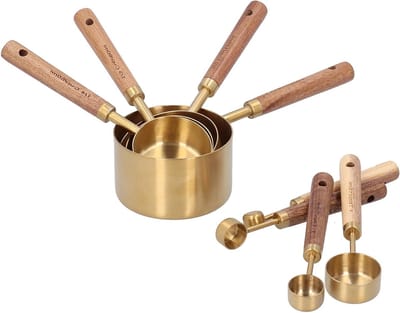 Set van 8 RVS Maatbekers en Maatlepels met Houten Handvat voor Bakken en Mixen van Dranken