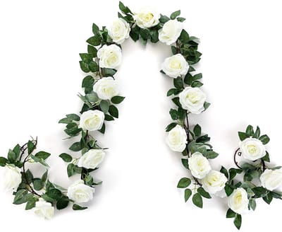 Kunstbloemslinger Kunstmatige Rose Wijnstok Bloemen 2 Stuks 8ft Nep Bloemen Zijde Rose Slingers Opknoping voor Outdoor Indoor Tuin Hotel Bruiloft Muur Badkamer Decoratie, Wit