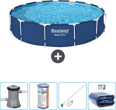 Bestway Rond Steel Pro Zwembad - 396 x 84 cm - Blauw - Inclusief Pomp Filter - Schoonmaakset - Solarzeil