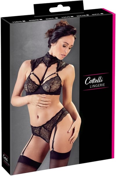 Cottelli Collection –  Lingerie Set met Kanten Afwerking en Jarretelbanden – Maat 80B/M – Zwart