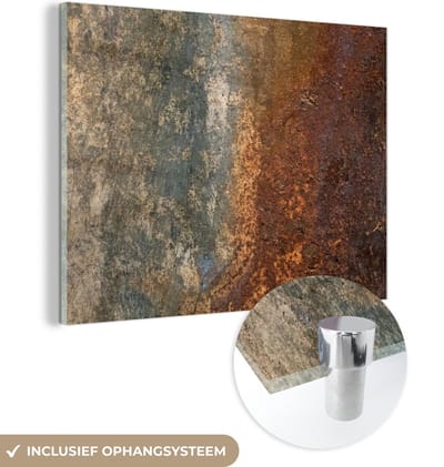 MuchoWow® Glasschilderij 160x120 cm - Schilderij acrylglas - Staal - Roest - Oud - Oranje - Grijs - Patroon - Abstract - Foto op glas - Schilderijen