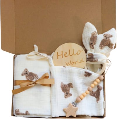 Joya Kids® Baby Cadeauset met Teddyprint | 5-delig Kraamcadeau voor Pasgeboren met Beren | Inclusief Hydrofiele Doek, Box opbergzak, Speenkoord & Bijtring | Unisex Beer Geboortegeschenk in Geschenkdoos