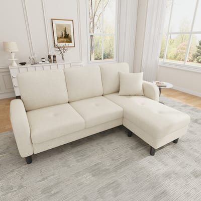 166 x 118 x 77 cm - L-vormige hoeksalon met chaise longue – driezitsbank - plastic poten - licht beige