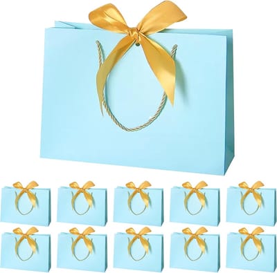 Verpakking van 10 Cadeaubags met Handvat, Papieren Cadeautassen met Lint voor Verjaardag, Bruiloft, Feest, Festival, Kerstmis, 32 x 25 x 11 cm, Blauw