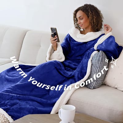 ZEYNOMAX - Stijlvolle deken met mouwen - Draagbare knuffeldeken - Blauw - Micropluche fleece - Warmte voor volwassenen - Ideaal voor winter en kerst