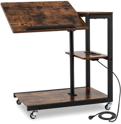 Computer tafel -Bijzettafel met Oplaadstation en -Stopcontact -Salontafel met -Wieltjes en Kantelbaar Tafelblad - Rustiek bruin + zwart