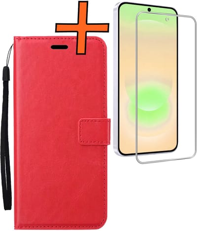 Hoes - Met Screenprotector - Geschikt voor Samsung Galaxy A37 - Luxe Pasjeshouder - Bookcase Portemonee - Flip Case - Kunstleer Book Case - Flipcase - Book Cover - Walletcase - PortemonneeHoes - Rood