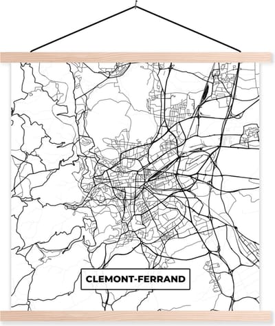 Posterhanger incl. Poster 40x40 cm - Schoolplaat - Frankrijk - Clermont-Ferrand - Plattegrond - Stadskaart - Kaart - Zwart wit - Textielposter - Blanke latten - Stadskaart