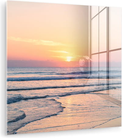 MuchoWow® Glasschilderij 90x90 cm - Schilderij acrylglas - Zee - Pastel - Zon - Foto op glas - Muurdecoratie woonkamer - Wanddecoratie slaapkamer - Schilderijen