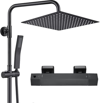 Auralum Max Douchesysteem met thermostaatkraan - Regendouche Ø 25 cm - Met CoolTouch technologie - Zwart Doucheset - Verstelbare Hoogte 72-110 cm - Regendoucheset - Waterbesparend - Zwart