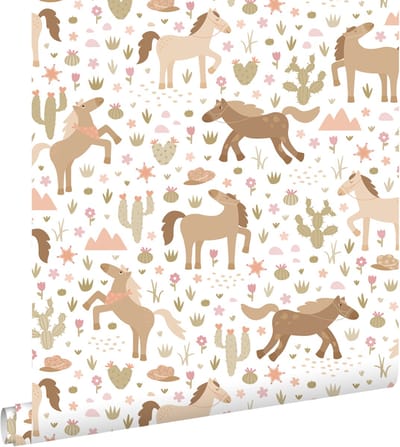 ESTAhome behang paarden bruin, groen en roze - 50 x 900 cm - 132193