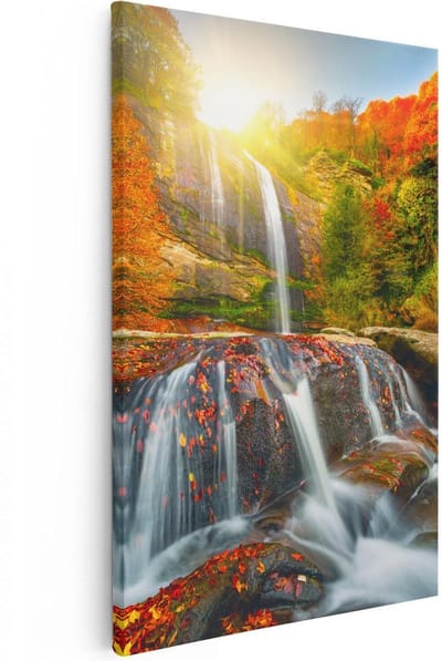 Artaza Canvas Schilderij Herfst Bos - 20x30 cm - Klein - Wanddecoratie Waterval - Muurdecoratie Zonsondergang - Kamer Accessoires Natuur