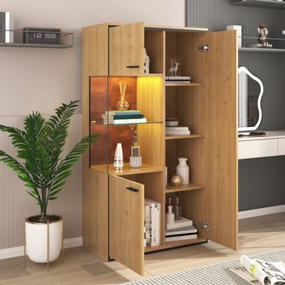 Moderne vitrinekast met ledverlichting - 150 cm - glazen deuren - multifunctionele boekenkast - keuze uit 15 kleuren - ruime opbergruimte - glazen bodem - vitrinekast - presentatiemeubilair - verlichte kast - meubel met glazen deuren