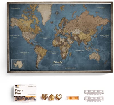 Canvas Wereldkaart Prikbord - Wandkaart Kurk Decoratieve Kaart - Wanddecoratie Inlijsten - Engels Opschrift - 120 x 80 cm