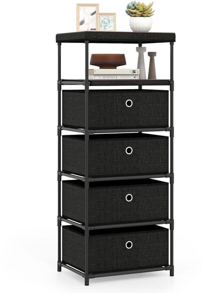 COSTWAY Kast met 4 Lades Stoffen Kast met Houten Blad Opbergruimte met Opvouwbare Stoffen Lades