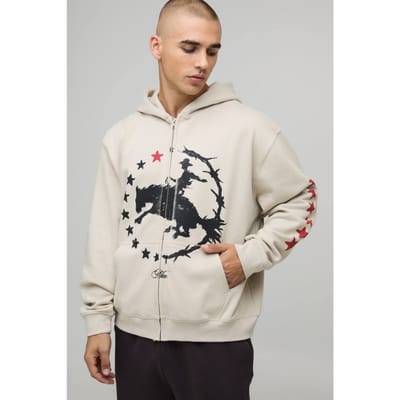Stone Oversized Boxy Western Print Zip Through Hoodie | Size XS