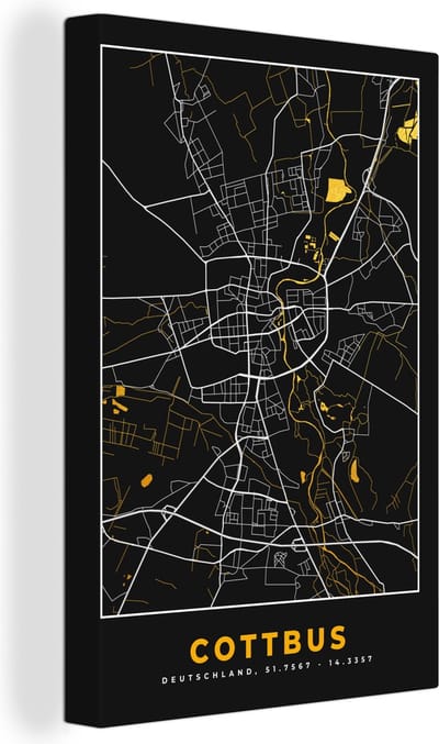 Canvas Schilderij Cottbus - Goud - Kaart - Plattegrond - Stadskaart - Duitsland - 20x30 cm - Wanddecoratie