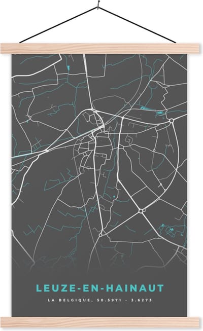 Posterhanger incl. Poster 40x60 cm - Schoolplaat - België – Leuze en Hainhaut – Stadskaart – Kaart – Blauw – Plattegrond - Textielposter - Blanke latten - Stadskaart