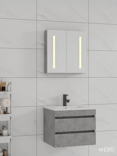 WEBO Badkamermeubel Set Paris 60cm - Grijs - Badmeubel met Spiegelkast met verlichting en Wastafel - Inclusief zwarte kraan en afvoer