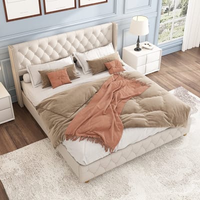 STILVORA Gestoffeerd Bed 140x190 cm – Tweepersoonsbed met Gekapitonneerd Hoofdeinde – Knopen & Nieten – Linnen – Beige – Zonder matras