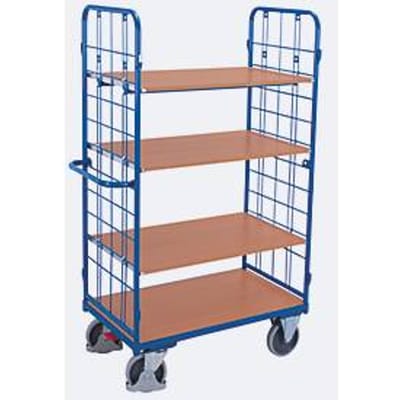 Etagewagen, staal/MDF-plaat, decor gentiaanblauw/beuken, 1 etage, 1200 x 800 mm, 2 eindborden van draadgaas, EasySTOP, tot 500 kg