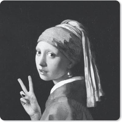 Muismat 20x20 cm - Mousepad Het meisje met de parel - Johannes Vermeer - Zwart - Wit - Muismatten