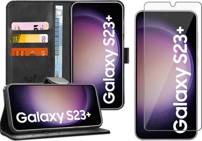 Hoesje geschikt voor Samsung Galaxy S23 Plus - Screen Protector GlassGuard - Book Case Kunstleer Pasjeshouder Zwart & Screenprotector