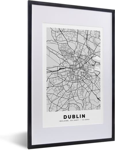 Fotolijst incl. Poster Zwart Wit- Dublin - Stadskaart - Zwart Wit - Plattegrond - Kaart - 40x60 cm - Posterlijst