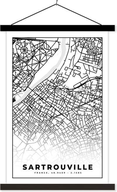 Posterhanger incl. Poster 40x60 cm - Schoolplaat - Stadskaart - Plattegrond - Sartrouville - Kaart - Frankrijk - Zwart wit - Textielposter - Zwarte latten - Stadskaart