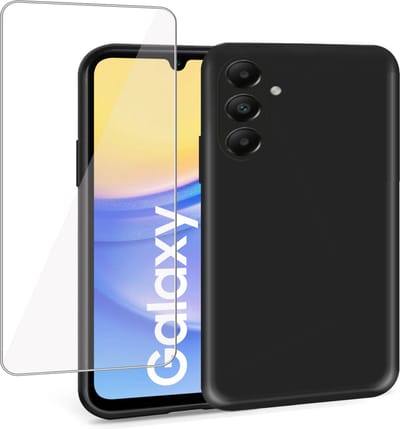 Geschikt voor Samsung Galaxy A05s - Hoesje + Screenprotector – Gehard Glas Cover - Suède Case Zwart