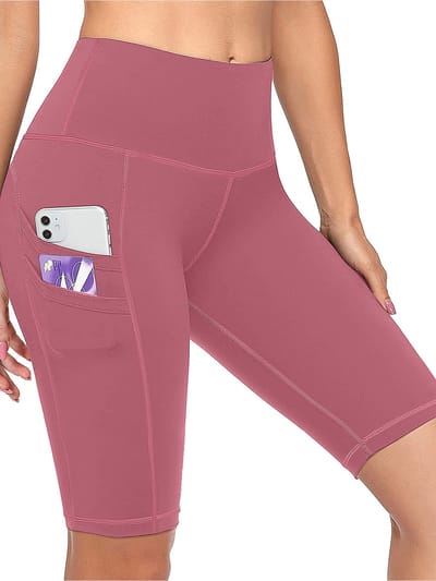 MEETYOO Dames Fitness short - Fitness legging - Sportshort - Sportlegging - Sportkleding - Yogashort - Yogalegging- met zakken-Roze-M