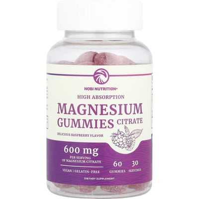Nobi Nutrition, gommes de citrate de magnésium, taux d'absorption élevé, framboise, 600 mg, 60 gommes (300 mg par bonbon gélifié)